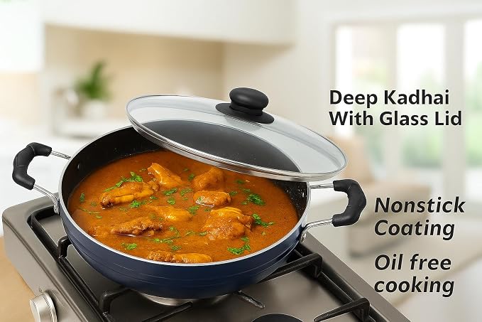Deep Kadhai Induction Base Non-Stick Kadai with Glass Lid Non Stick Frying Pan Wok Flat Bottom Non Stick All Purpose Pan Non-Stick Aluminium Kadhai Deep Fry Pan (240mm) 2.2Ltr