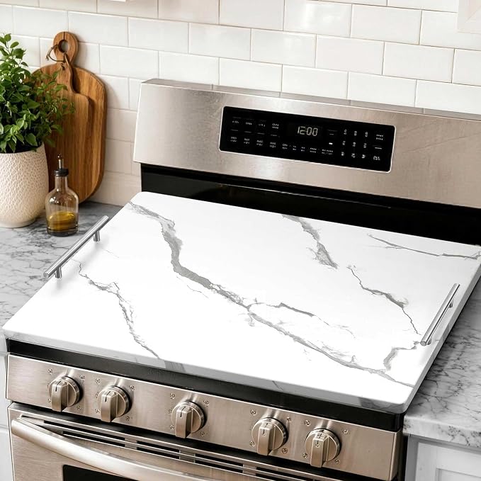 Noodle Board Stove Cover with Handles, Stove Top Covers for Gas Burners and Electric Stove, Wood Stove Cover Board Decorative Serving Tray Kitchen Sink Cover for Counter Space (White Marble)