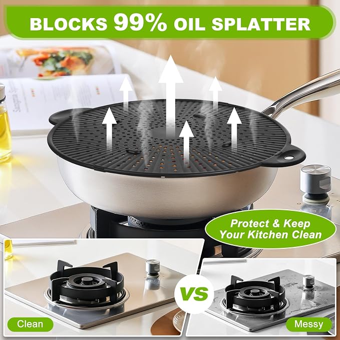 Silicone Splatter Screen for Frying Pan - 11 Inch Heat-Resistant Silicone Grease Splatter Guard, Multi-Use Oil Splash Guard for Kitchen Cooking Pan Cover, Dishwasher Safe