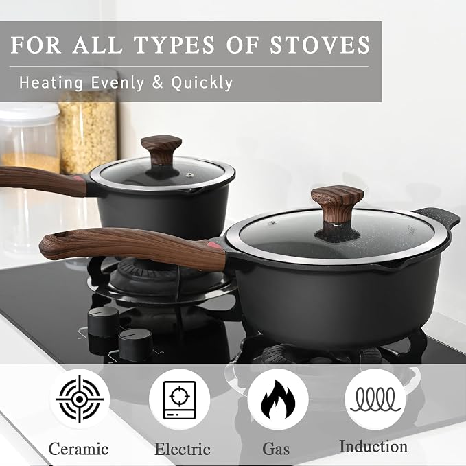 Vinchef 10PCS Sauce Pan Set with Lids, Nonstick, 2/3/4QT, Black | Includes silicone tools&pot protectors, PFAS/PFOA-free nonstick, dishwasher-safe, induction-compatible, stay-cool handles