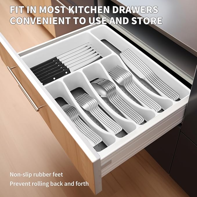 53PCS Silverware Set for 8 with Flatware Drawer Organizer, Stainless Steel Cutlery Set with Steak Knives, Include Spoons and Forks Set & Serving Utensils, Mirror Polished, Dishwasher Safe