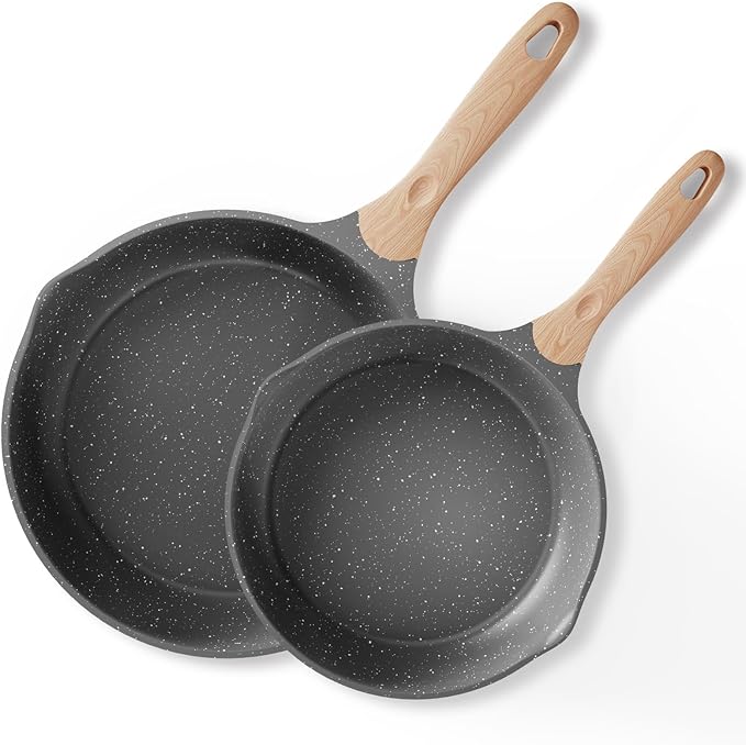 JEETEE 8 & 10 Inch Nonstick Frying Pan Sets for Cooking Dual Spouts Skillet | All Stove Compatible, Easy-Clean, Even Heating, PFOA Free, Cool Ergonomic Handle, Non Stick Fry Pans for Egg Steak Fish,Grey