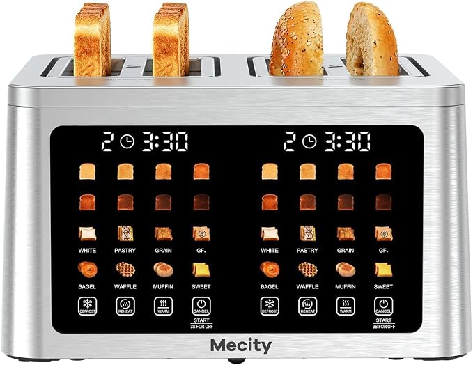 Mecity 4 Slice Toaster Wide Slot, Auto Lift Keep Warm Smart Toaster with Touch Screen, Dual Control Panel, Defrost, Auto Shut Off Digital Toasters for Bagel Muffin Waffle Gluten Free Breads 1700W 120V