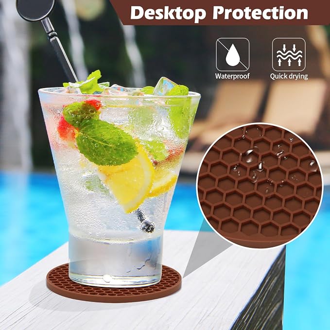 TWTLi Silicone Coasters Set of 8 with Holder — Non-Slip Drink Coasters for Coffee Table, Home Bar & Kitchen, Protects Wood & Marble Surfaces from Water Rings, Dishwasher Safe (Brown)