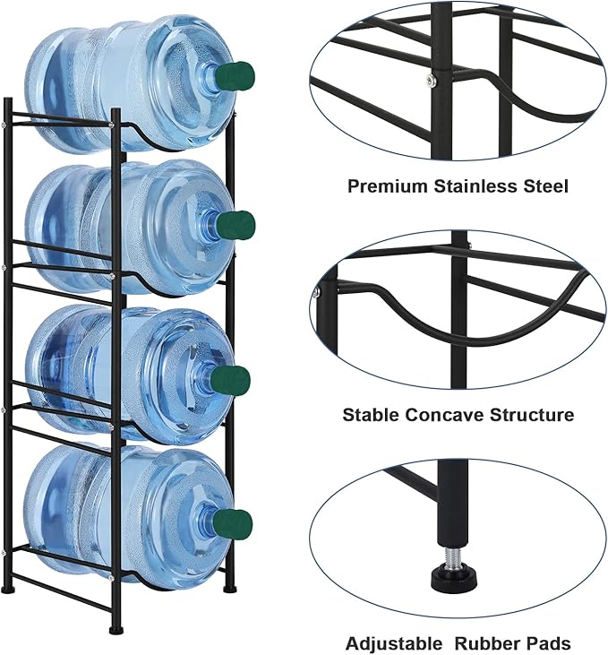 5 Gallon Water Bottle Jug Holder 4 Tier Heavy Duty Cooler Jug Storage Rack Detachable Bottle Organizer Shelf for Home, Kitchen, Office, Breakroom Space Save, Black