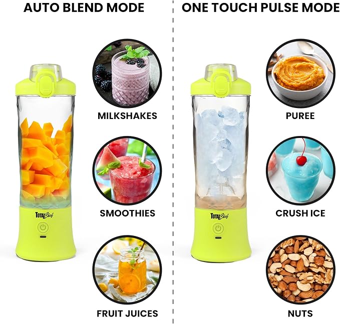 Total Chef Portable Blender - For Smoothies & Protein Shakes, USB Rechargeable Cordless Mini Travel Mixer, Personal Juicer, Ice Crusher, Blender Bottle for Home & Kitchen, 20oz, Neon Green