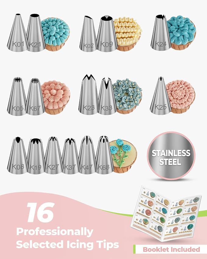 Kootek 124 Icing Piping Bags and Tips Set Frosting Cake Decorating Kit Pink | Baking Supplies Tools, 100 +1 Piping Bags 12", 16 Icing Piping Tips, Reusable Pastry Bag, 3 Scrapers, for Beginners & Pros