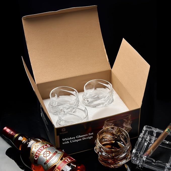 GLASKEY 12 oz Storm Japanese Whiskey Glasses Set of 4, Unique Cognac Glasses, Heavy Thick Bottom Bar Glass for Scotch Bourbon Rum Gin Water Cocktail,Gifts Men Gifts Ideas