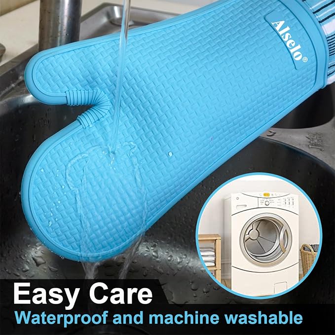 Alselo Silicone Oven Mitts Set, Heat Resistant 550 Degree,7.5"x16" | Extra Long Kitchen Mittens,Waterproof & Non-Silp Oven gloves for Baking Cooking Barbecue Microwave (Extra Long Sapphire, 2)