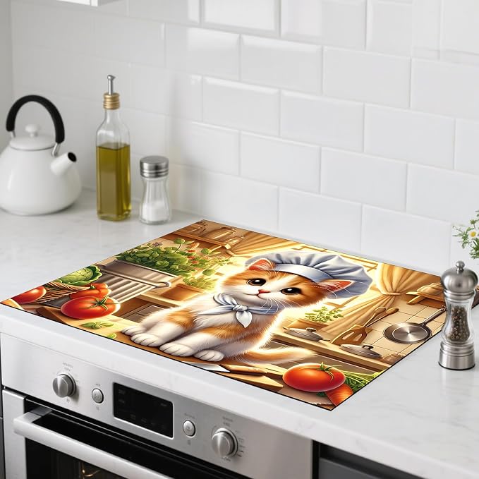 Nuxovilar Chef Cat Stove Cover Diatom Mud 20.47x28.34 In | Glass Protector Countertop Mat Counter Saver Cooktop Cover Kitchen Cooking Area Home Room (Chef Cat Illustration)
