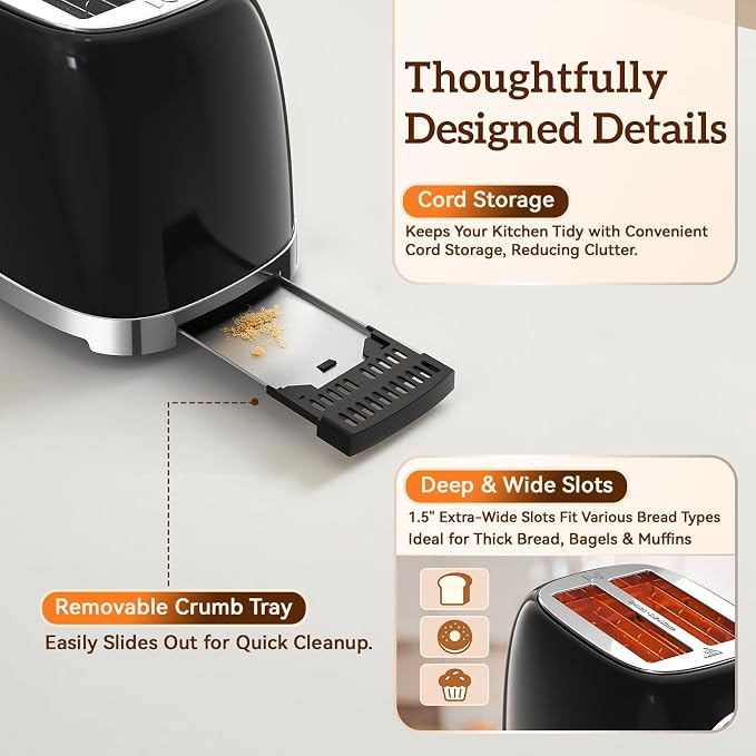 RONGBEST Retro 2 Slice Toaster with Stainless Steel Wide Slot Touch Screen for Family Breakfast, 6 Browning Levels, Reheat & Defrost Bagel and Bread, Removable Crumb Tray, Jet Black