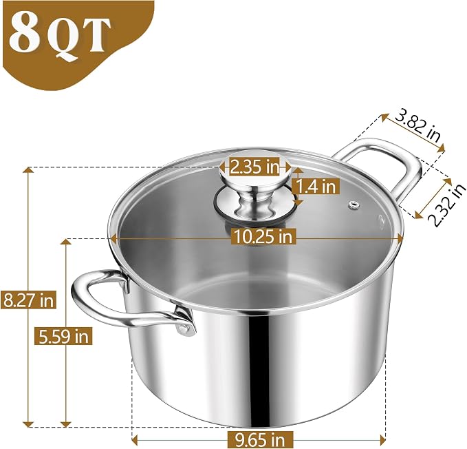 P&P CHEF 8 Quart Tri-Ply Stainless Steel Stock Pot, Cooking Pot with Lid | 8 Qt Stockpot for Soup Pasta Vegetable, Induction Cookware for All Stoves, Sturdy & Double Handle, Oven & Dishwasher Safe