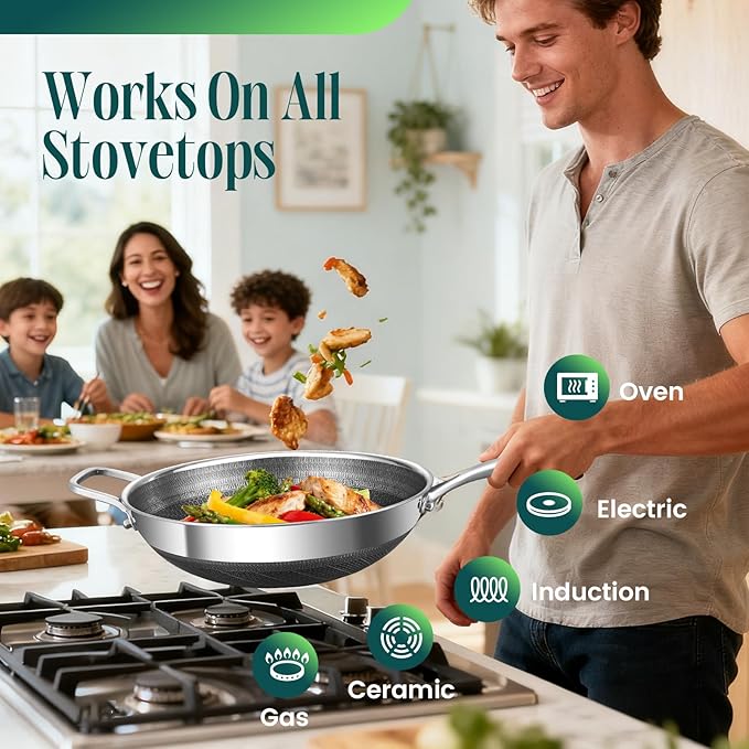 AOSION Hybrid 13 Inch Wok with Steamer, Nonstick Stainless Steel Wok | Wok Pan & Stir-Fry Pans