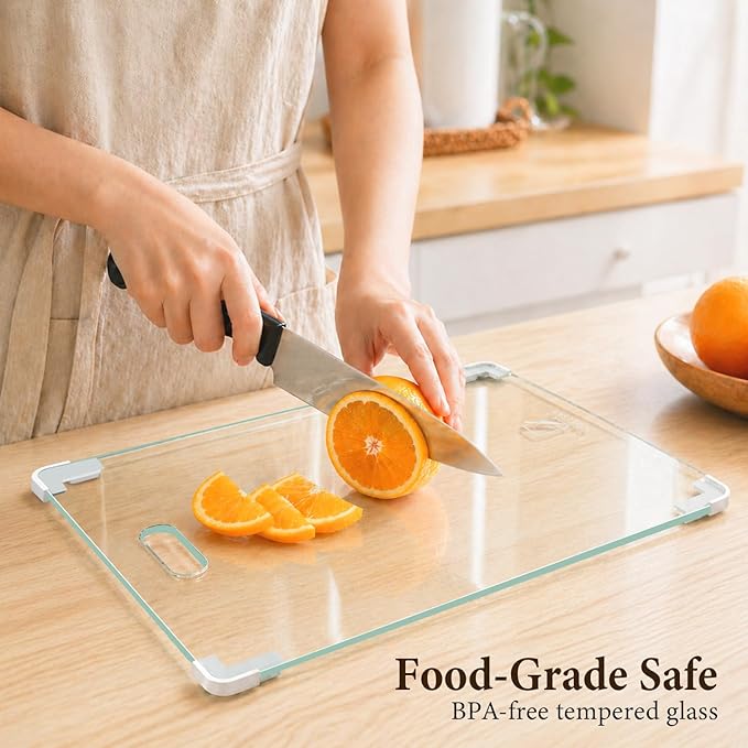 16x12 Clear Tempered Glass Cutting Board for Kitchen, Dishwasher Safe | Non-Slip Corner Guards, Shatter-Resistant, Scratch-Resistant, Food-Safe & Non-Toxic Large Chopping Board