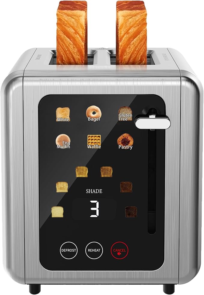 2 Slice Stainless Steel Smart Digital Timer Touch Screen Toaster | 6 Bread Types & 6 Shade Settings,Extra Wide Slots Toaster with Bagel,Defrost & Reheat Functions,Sound Function,Silver