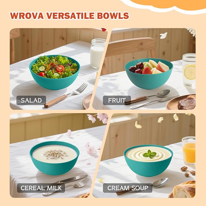 wheat straw bowls set of 4,40oz unbreakable salad bowl set with cover,alternative plastic bowls with cover for kitchen,party,camping and picnic. Green