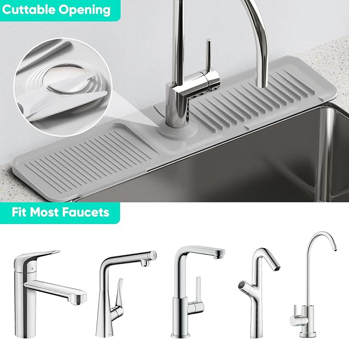 24 Inch Longer Faucet Mat for Kitchen Sink [5°Slope Fast Self-draining]Bathroom Kitchen Sink Splash Guard Silicone Sink Faucet Mat Splash Guard Kitchen Sink Area Tidy Splash Faucet Guard Draining Mat