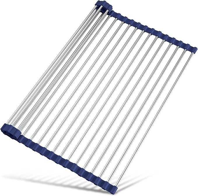 Tomorotec Roll Up Dish Drying Rack Over Sink, 304 Steel, 21x15.5, Indigo | Anti-Slip Silicone Rims For Grip, Heat-Resistant Trivet Mat Holding Heavy Cookware, Rustproof Kitchen Counter Space Saver