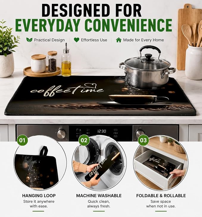 Electric Stove Top Cover for Glass Top, Coffee Time Cafe Decor – Heat Resistant Flat Stove Top Covers, Decorative Scratch Protector Mat for Glass Ceramic Cooktop, Non-Slip, 28"x20"