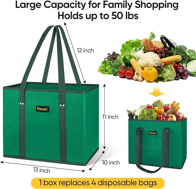 BALEINE 3PK Reusable Grocery Bags, Heavy Duty Shopping Tote Bag | 12'' Long Handles, Reinforced Bottom Keeps Upright, Fold Flat Storage, Water-Resistant Shopping Bag, Multiple Color Options