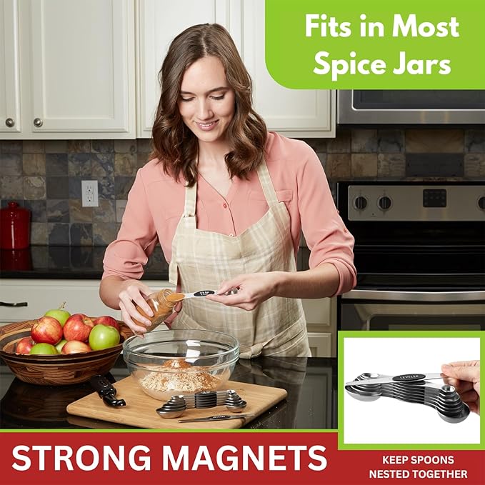 Spring Chef Stainless Steel Magnetic Measuring Spoons Set of 8, Black | Dual Sided Metal Teaspoon & Tablespoon Measuring Spoons with Leveler for Dry & Liquid Ingredients, Nesting, Dishwasher Safe