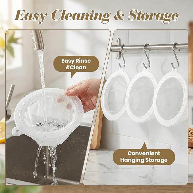 4PCS Food Filter Strainer, 5 Inch Reusable Nylon Plastic Strainer for Oils, Juice, Kefir,Wine, Coffee, Milk, Tea, Powder,Nut Milk,Honey(200+100 Mesh)