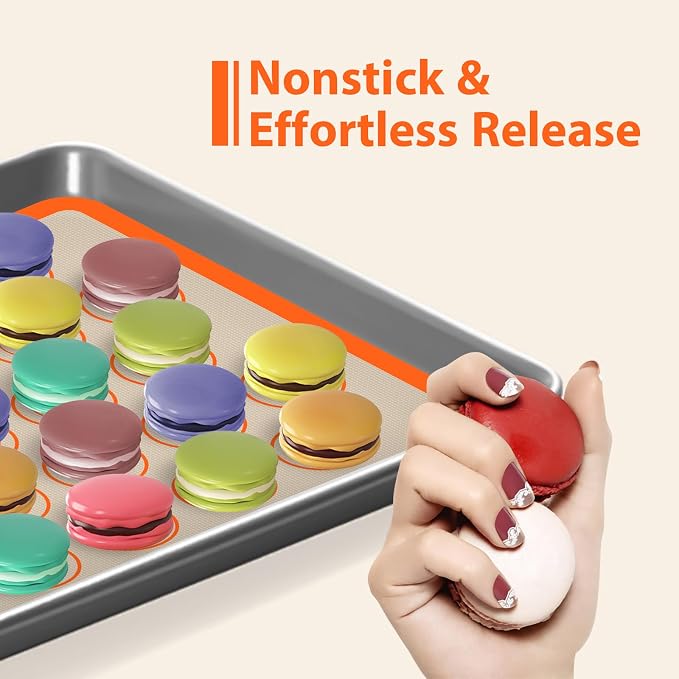 Macaron Silicone Baking Mats, Nonstick & Reusable, 3 PCS | 2 Half Sheets and 1 Quarter Sheet Mat, Easy to Clean, Silicone Macaroon Mat for Cookie, Orange