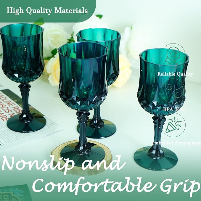 24Pack Plastic Wine Glasses, 7oz Vintage Goblets for Wedding | Unbreakable Crystal Style Reusable Stemware, Elegant Dark Green Drinking Glass for Party Anniversary & Holiday Celebration