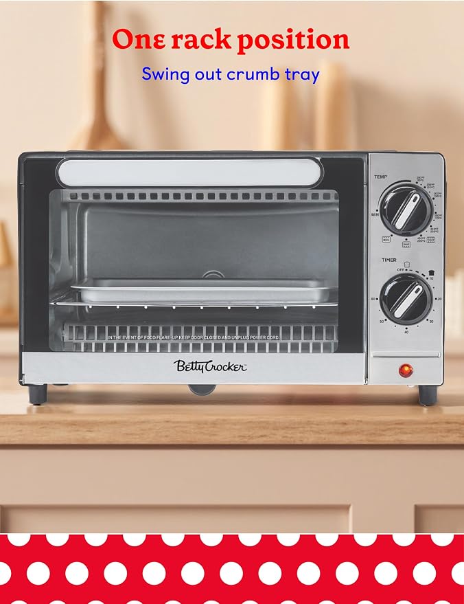 Betty Crocker 9L 2-Slice Toaster Oven, 1000 Watts, BC-5665B, Black/Silver | Chrome Plated Front, Stainless Steel Handle, Bake, Broil & Toast Functions, Easy Control Dials, Includes Baking Pan & Rack