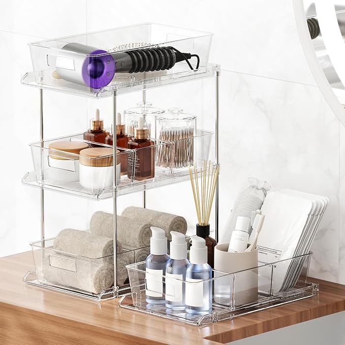 Bathroom Under Sink Organizers and Storage, 2 Tier, 3 Packs | Clear Vanity Countertop Pull-out Cabinet Organizer, Stackable Multi-Purpose Kitchen Pantry Organization with Dividers