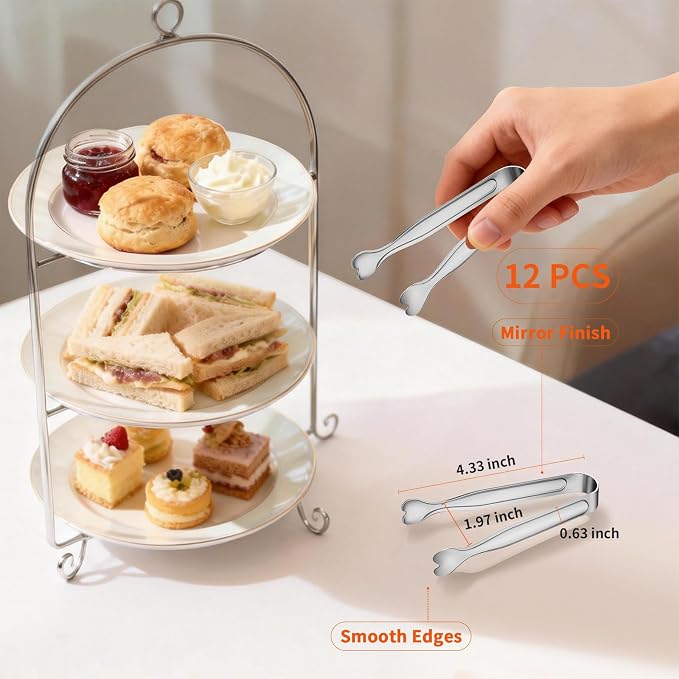 12 PCS Heart-Shaped Small Serving Tongs, 4.3 Inch Mini Sugar Tongs Silver Stainless Steel for Ice Cube, Appetizers, Dessert, Tea Party, Home Kitchen, Coffee Bars, Buffet, Food Grade & Dishwasher Safe