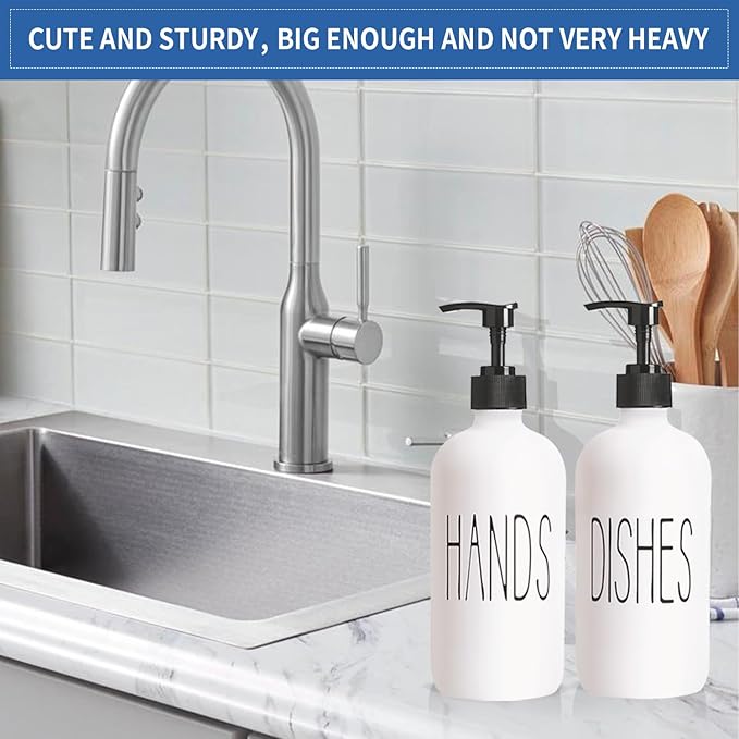 COHOSEGE 16 Oz Glass Soap Dispenser Set 2 Pack for Kitchen Sink,Contains Hand and Dish Soap Dispenser,White Kitchen Utensils
