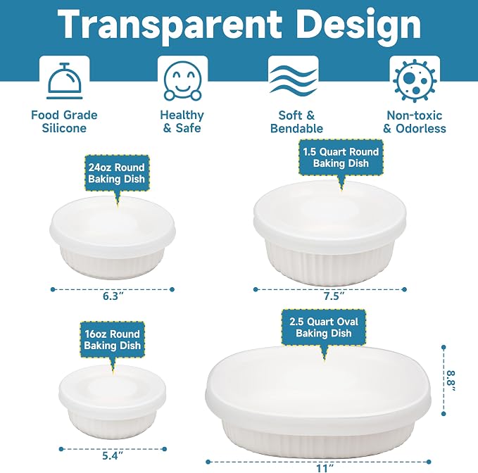 Silicone Lids for CorningWare 16-Ounce & 24-Ounce & 1.5 Quart Round Dish and 2-1/2-Quart Oval Casserole Dish, 4 Pack Reusable Covers (Dish not Included) Dishwasher & Microwave & Freezer Safe