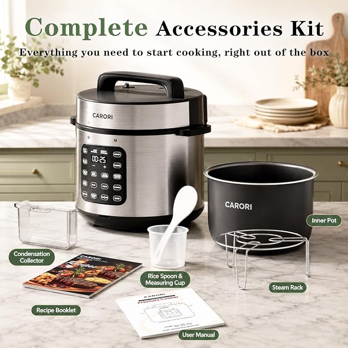 CARORI 6 Qt Electric Pressure Cooker, 9-in-1 Multi-Cooker with IMD Touchscreen, 24H Delay Start, Nonstick Ceramic Pot, Rice Cooker, Slow Cooker, Steamer, Sauté, Silver