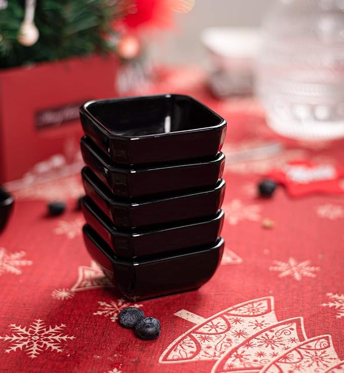 DELLING 3 Oz Porcelain Dip Bowls Set of 6, Black Ceramic Dipping Sauce Bowls - Small Bowls for Charcuterie Board Accessories, Soy Sauce Dish, Condiment Cups for BBQ Party, Dishwasher Safe