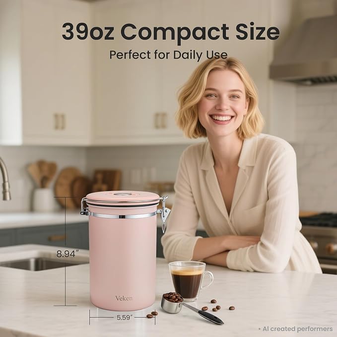 Veken Coffee Canister,39OZ, 2.2lbs,Large Airtight Stainless Steel Container | Date Tracker, Kitchen Food Storage Jars for Beans, Ground, Espresso, Rice,Tea, Sugar, Cereal, Cookie,Gifts, Lids, Scoop, Pink