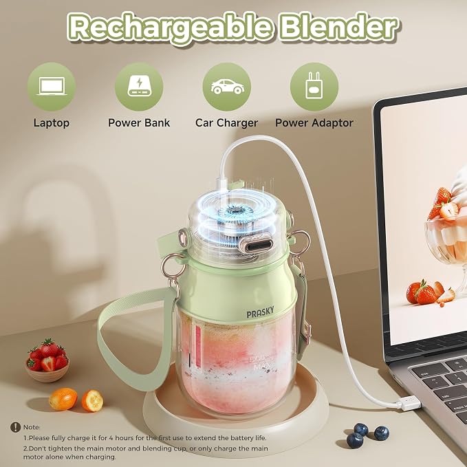 Portable Blender, Prasky Personal Blenders for Shakes and Smoothies with 27oz Cup, Lid and Shoulder Strap, Type-C USB Rechargeable, Personal Size Blenders BPA-free for Travel/Kitchen (Light Green）