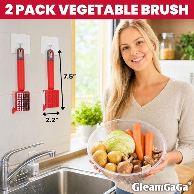 2 Pack Vegetable Brush & Potato Scrubber with Built-in Peeler | Scrub, Peel & Remove Potato Eyes with One Tool, Dual Bristles, Comfortable Grip, 2-Pack Value
