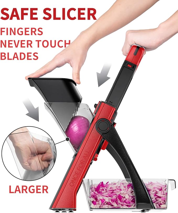 ONCE FOR ALL Safe Mandoline Slicer Plus with Peeler, Bigger Size, Red | 0.1-8mm Adjustable Potato Slicer, Veggie Slicer Potato Fries Cutter, Detachable Blade, Stainless Steel, Dishwasher-safe, Gift