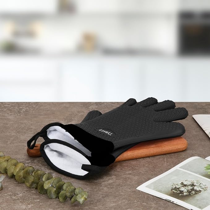 Silicone Oven Mitts Gloves - Heat Resistant, Non-Slip for BBQ, Grilling | 450°F Double-Layer｜Waterproof Kitchen Cooking Barbecue Mittens ｜5 Finger Hot Mitt for Baking, Smoker& Cast Iron(Small)