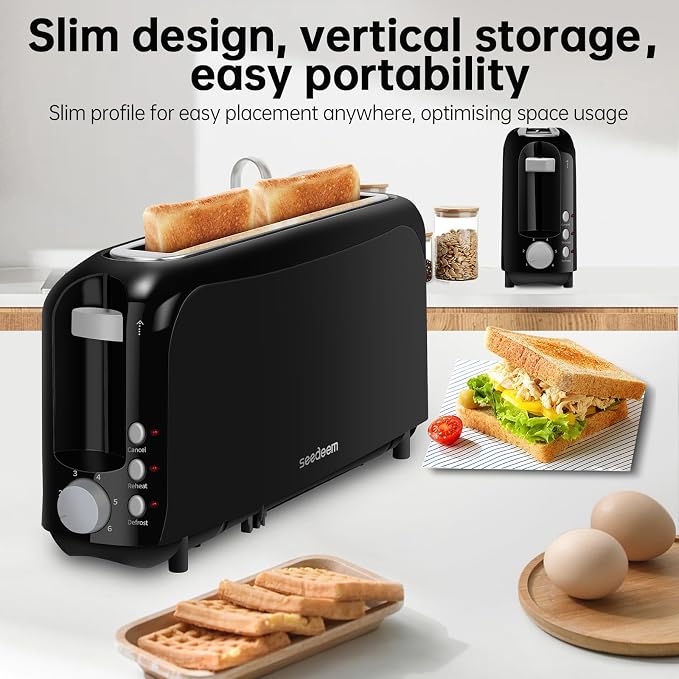 SEEDEEM 2 Slice Slim Toaster, 10" Long Slot, 6 Shade Settings, Black | Long Slot, 6 Shade Settings, Cancel/Reheat/Defrost, Removable Crumb Tray