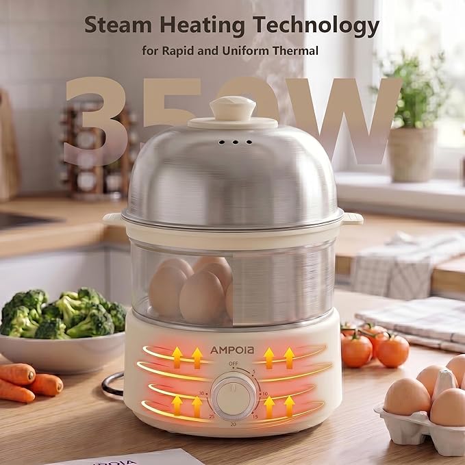 14 Eggs Electric Egg Cooker, 350W Rapid Egg Boiler with 30-Min Timer & Auto Shut-Off, Stainless Steel, Dishwasher Safe for Soft, Medium, Hard Boiled, Steamed Eggs, Vegetables & Seafood, Beige