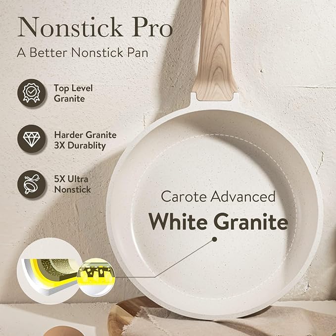 CAROTE10 Inch Non Stick Cream White Frying Pan, PFOA-Free | Healthy Non Toxic Granite Kitchen Cookware, All Stovetops Compatible Skillet with Heat-Resistant Handle