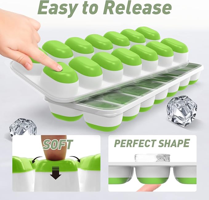 ChefAide Ice Cube Tray with Lid, 2 Packs 28 Cubes Durable Stackable Ice Cube Trays for Freezer with Removable Lids, Easy-Release Plastic & Silicone Ice Tray for Cocktail, Coffee.