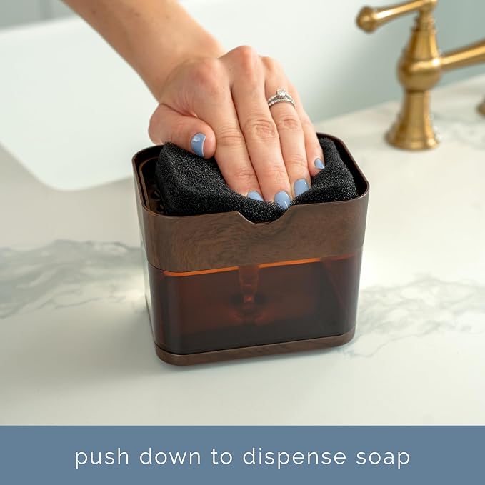 S&T INC. Dish Soap Dispenser and Sponge Holder, Plastic Walnut and Amber | Patented Design, Holds 13 Fluid Ounces, Sponge and Waterproof Labels Included, Non-Slip Feet