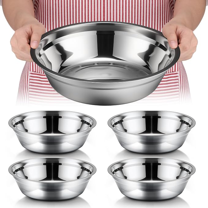 Nuogo 4 Pcs Stainless Steel Mixing Bowls Metal Mixing Bowls Extra Large Basin Salad Basin Deeper Edge Dishwasher Safe Mirror Finish for Home and Commercial, Silver (11 Inch 3.4 Qt)