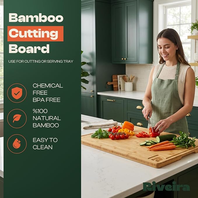 Riveira Extra Large Bamboo Cutting Board for Kitchen, 36" x 24", 0.8 Inch Thick – Large Wood Cutting Board with Juice Groove, Reversible Butcher Block Cutting Board for Meat, Bread & Charcuterie