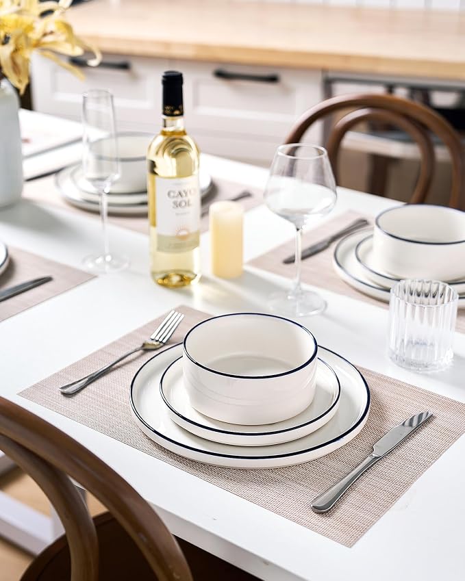 Famiware Porcelain 18-Piece Dinnerware Set, White with Blue Trim | Plates and Bowls for 6, Dishwasher & Microwave Safe, Chip & Scratch Resistant, Ideal for Everyday & Formal Use