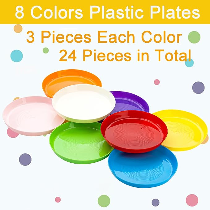 Frcctre 24 Pack Kids Plastic Plates, 7 Inch Small Unbreakable Children Dinner Plates Set BPA Free Reusable Snack Salad Plate for BBQ, Travel, Events, Dishwasher Safe, 8 Colors