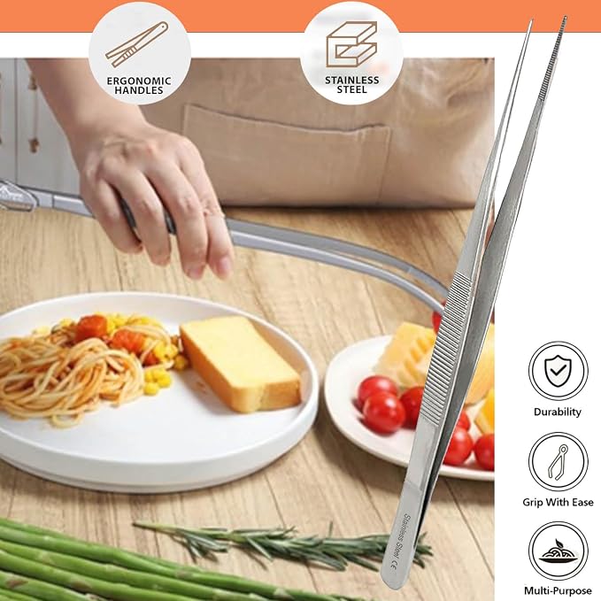 Professional Culinary Stainless Steel Precision Tongs with Serrated Tips, Plating/Food Presentation Detailing Serving Tongs, Chef's Kitchen Tweezer Tongs - Ultra Non-Slip Grip (8" STR Slim)